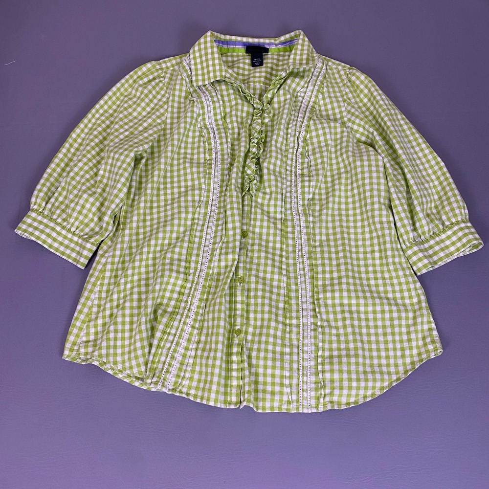Lane Bryant Shirt Womens Size 18/20 Green Gingham Ruffle Eyelet Button Up Cotton